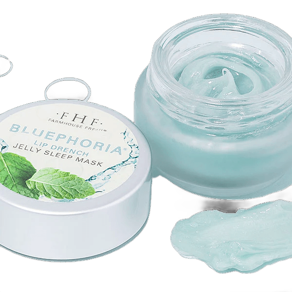 Blue Phoria jelly sleep mask jar with pale blue cream and lid on a white background