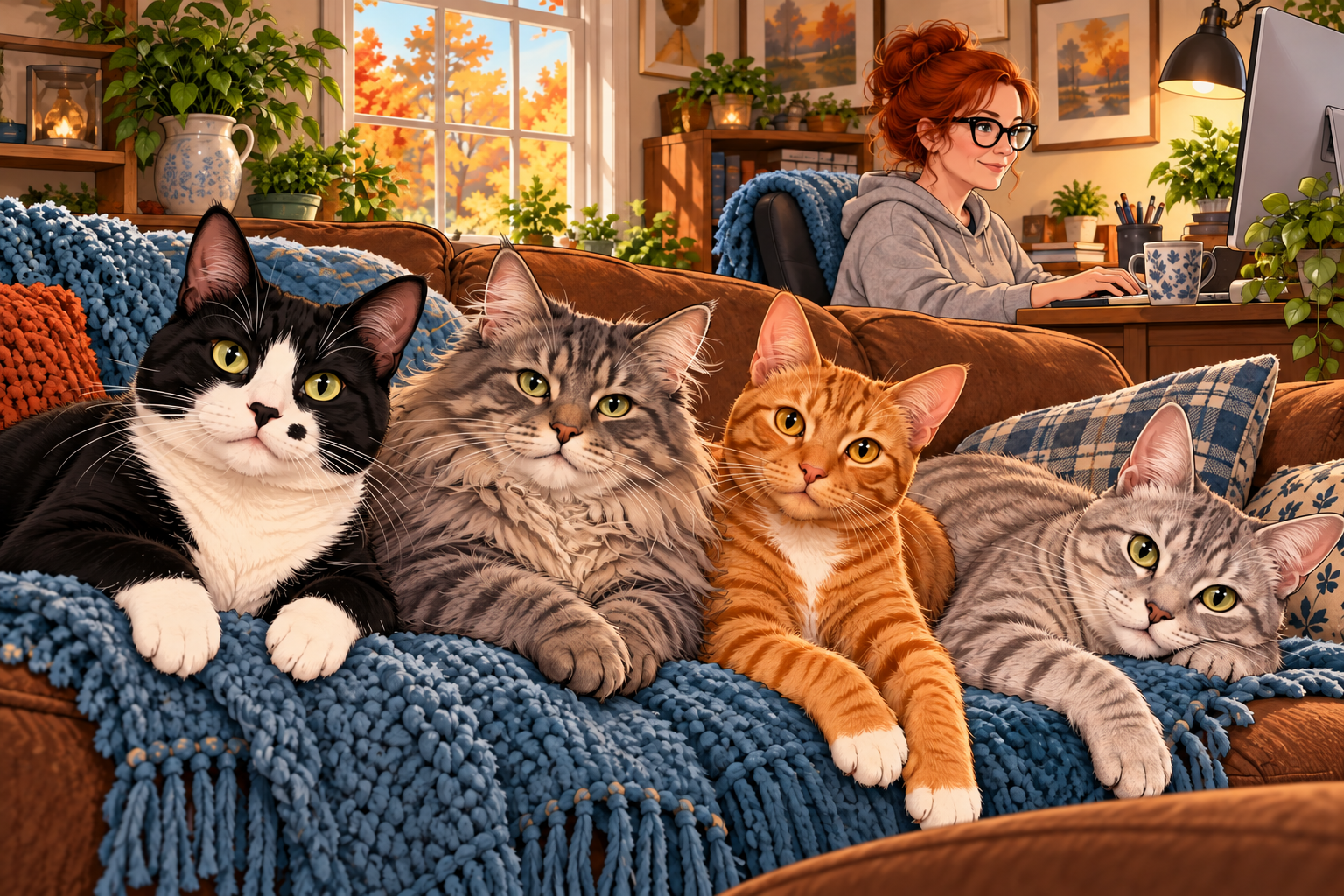 Four cats lounging on a blue blanket in a cozy living room, with a woman in the background.