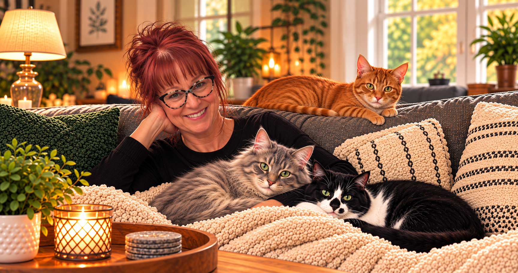 Smiling woman on a couch holding two cats and a mug beside a book and sunflowers