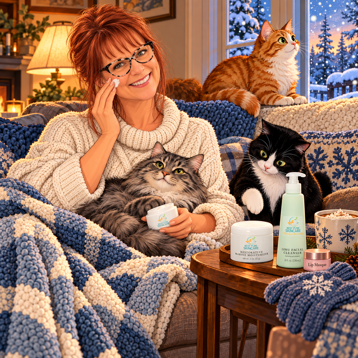 Woman on a couch with three cats, smiling in a cozy living room with soft blue blankets and a side table of pet products.