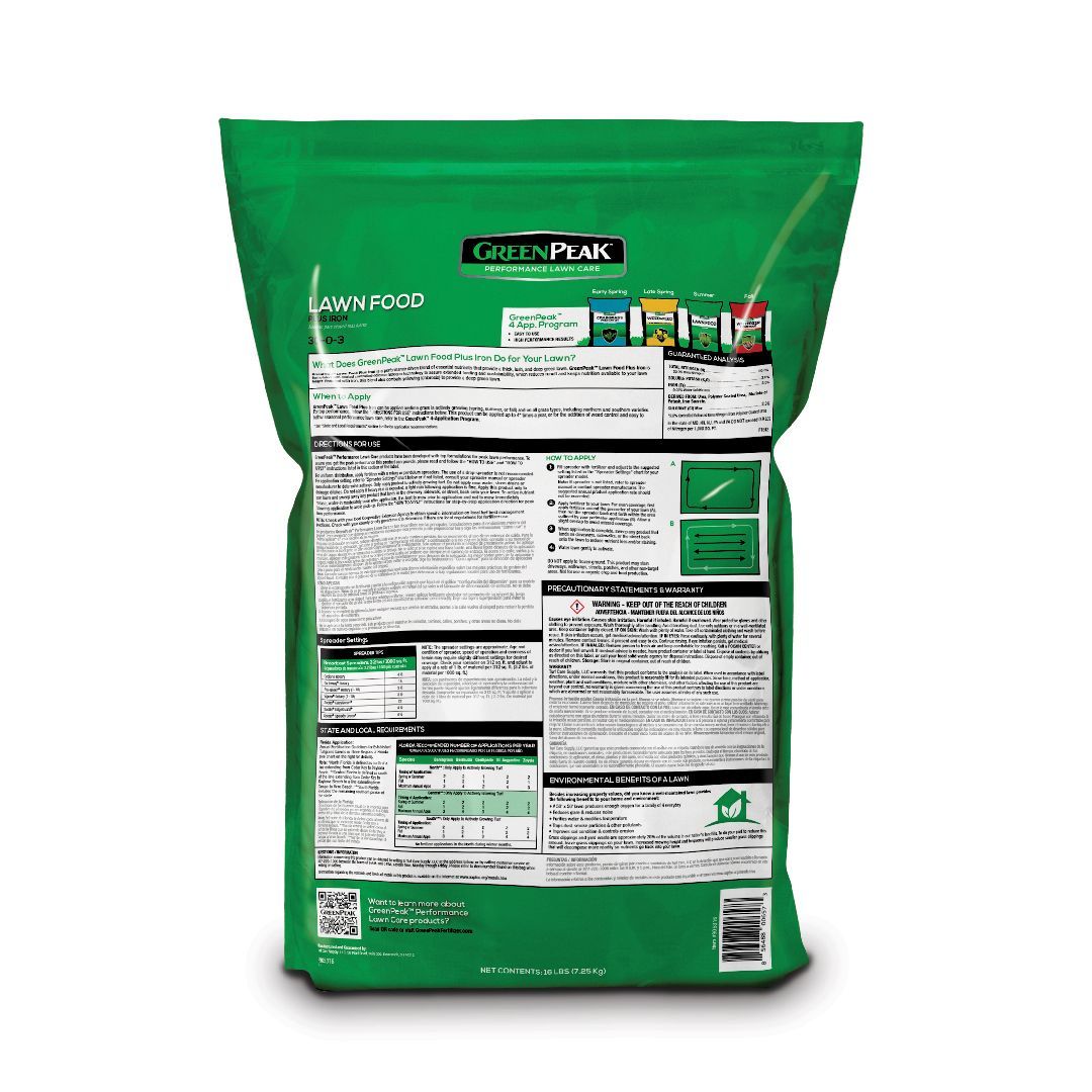 The back of a greenpeak bag of lawn food on a white background.