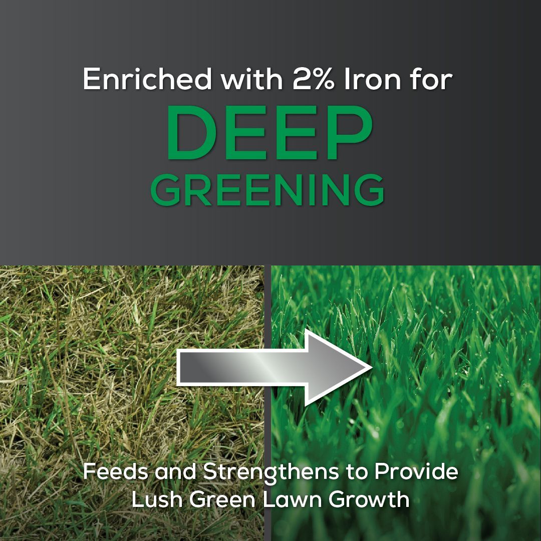 A poster that says enriched with 2 % iron for deep greening feeds and strengthens to provide lush green lawn growth