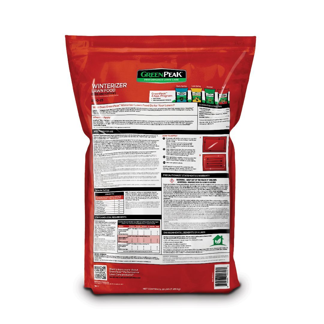 The back view of greenpeak winterizer lawn food bag
