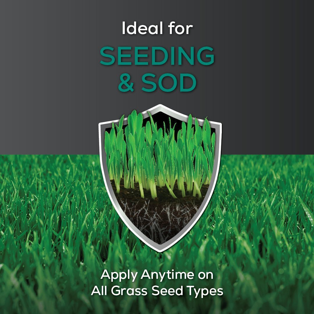 A poster that says ideal for seeding and sod apply anytime on all grass seed types