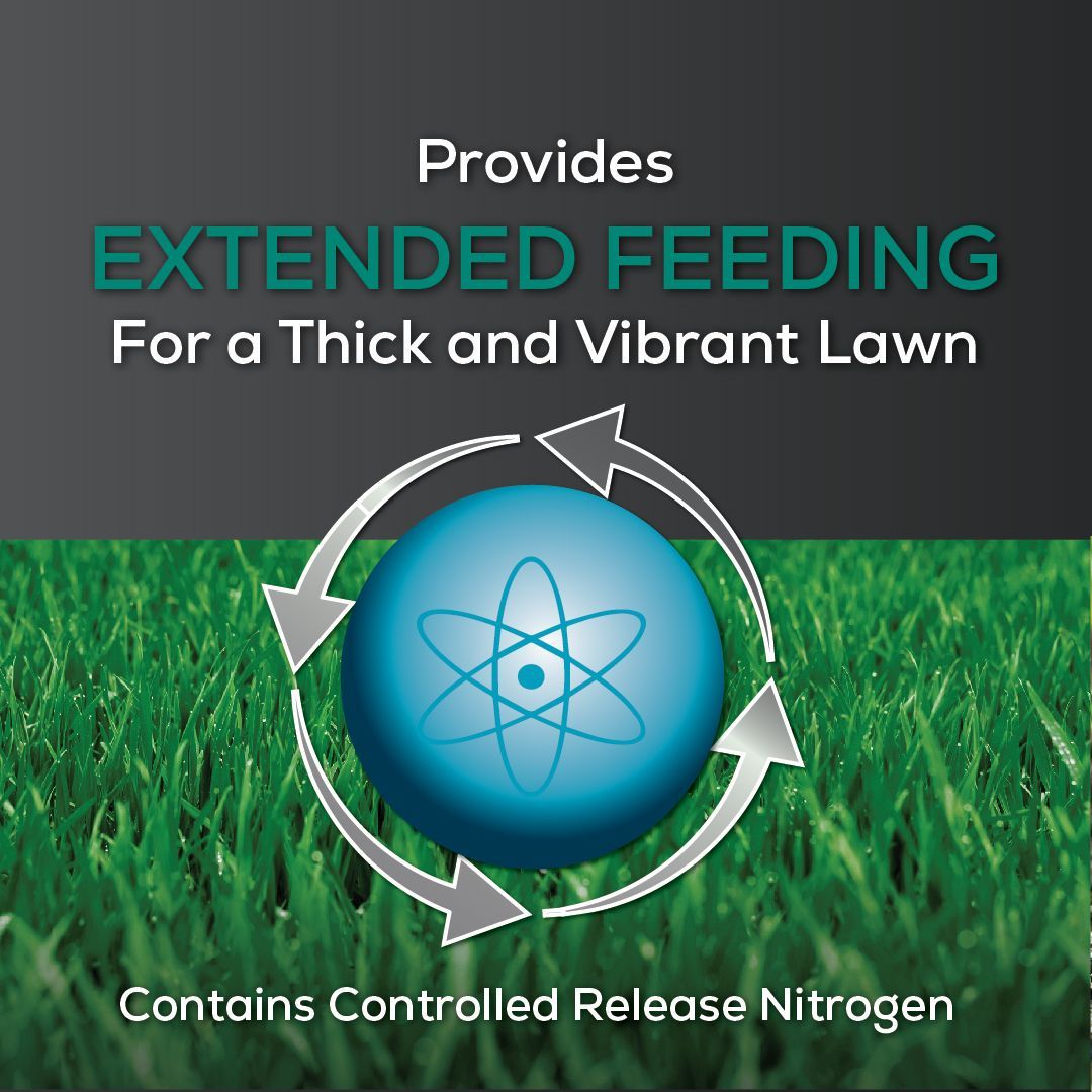 An advertisement for extended feeding for a thick and vibrant lawn