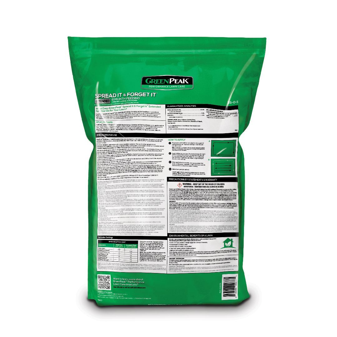 The back of a green bag of greenpeak spread it and forget it lawn fertilizer on a white background.
