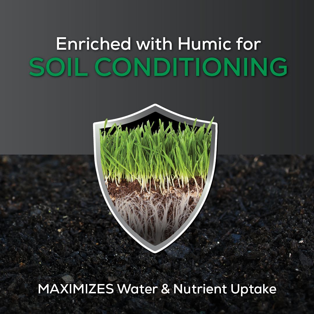 A shield with grass on it that says enriched with humic for soil conditioning. maximizes water and nutrient uptake