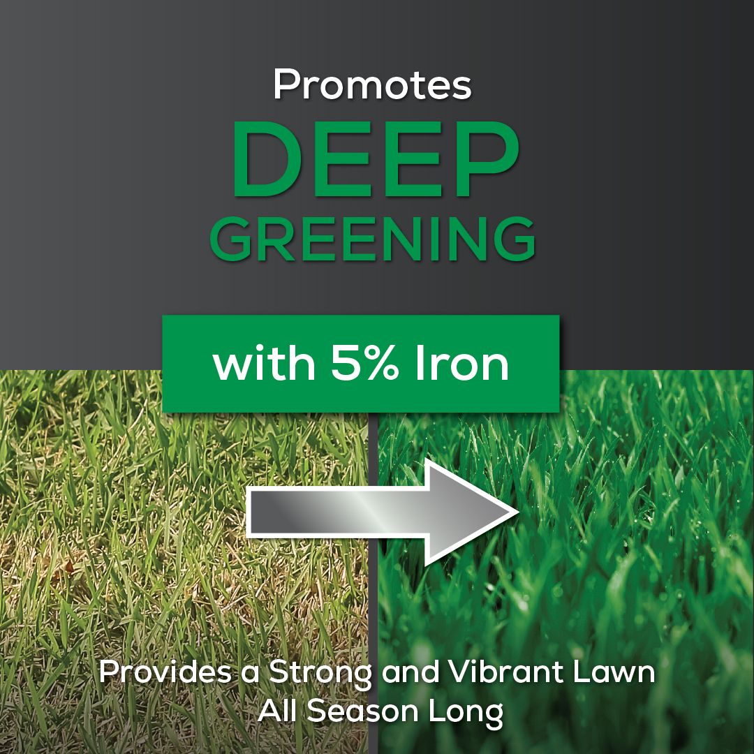 A poster that says promotes deep greening with 5 % iron provides a strong and vibrant lawn all season long