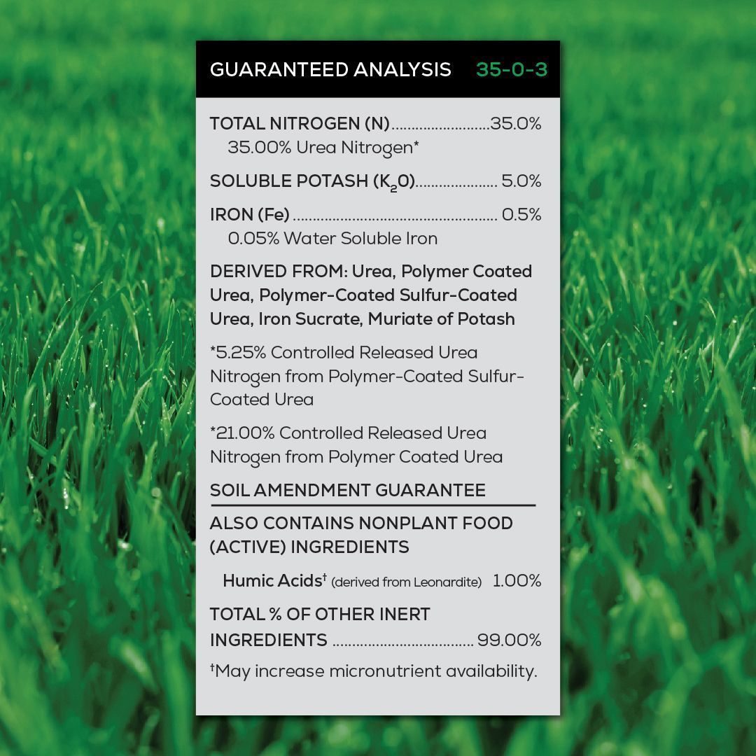 A guaranteed analysis of spread it and forget it fertilizer is shown on an image of grass