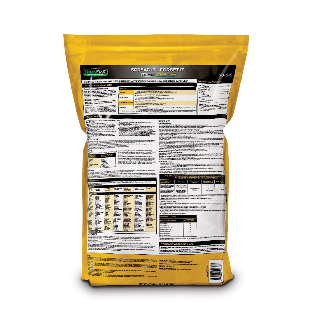 the back label view of greenpeak spread it and forget it weed and feed