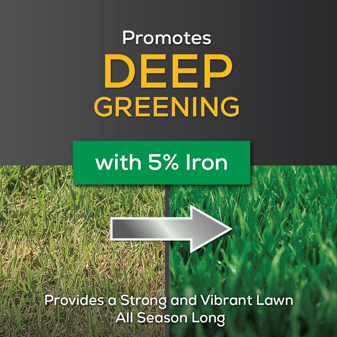 A poster that says promotes deep greening with 5 % iron provides a strong and vibrant lawn all season long