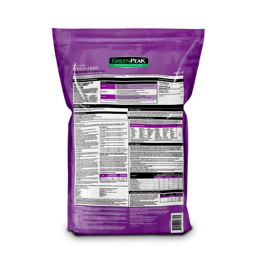 The back of a purple bag of green peak southern weed and feed