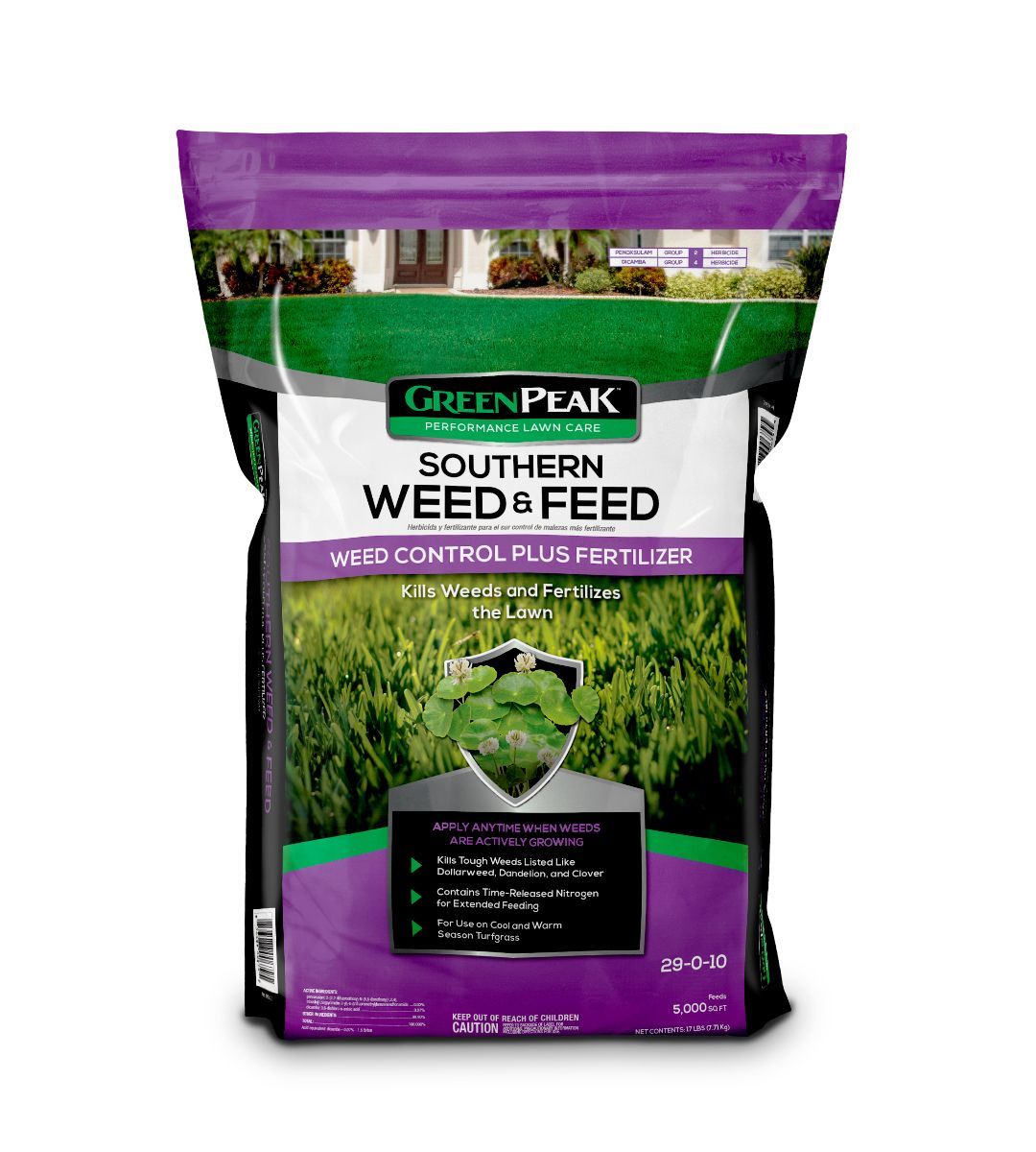 A bag of green peak southern weed & feed on a white background.