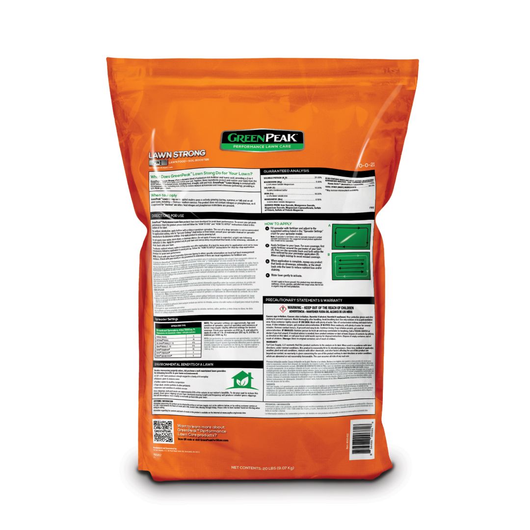 A back label of green peak lawn strong fertilizer on a white background