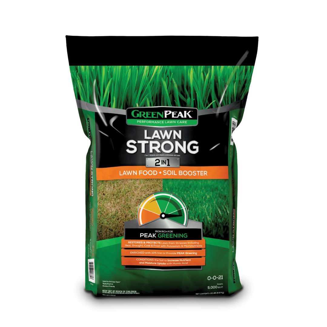 A bag of green peak lawn strong is shown on a white background.