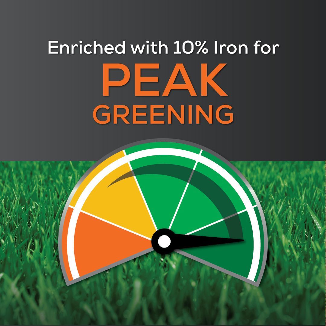 An advertisement for enriched with 10 % iron for peak greening