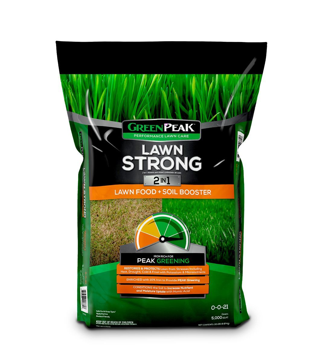 A green and orange bag of green peak lawn strong 2-in-1 lawn food + soil booster is shown on a white background.