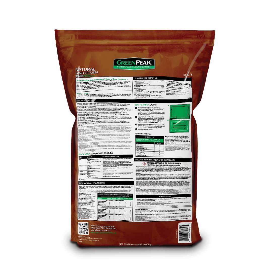 the back of the bag of greenpeak natural base fertilizer 