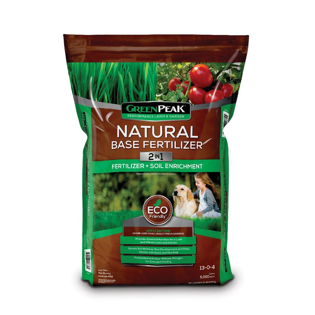A bag of green peak natural base fertilizer