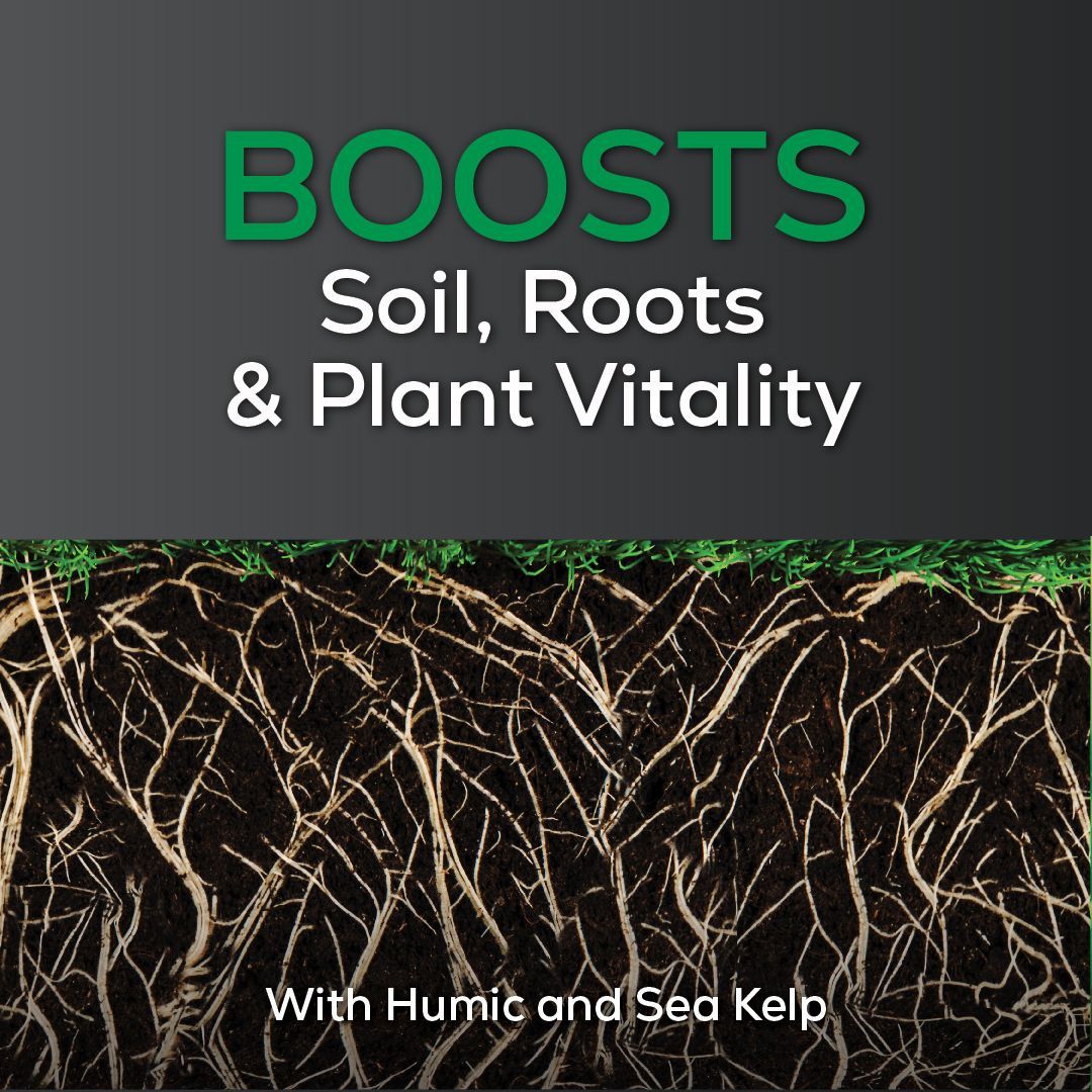 A poster that says boosts soil roots and plant vitality with humic and sea kelp