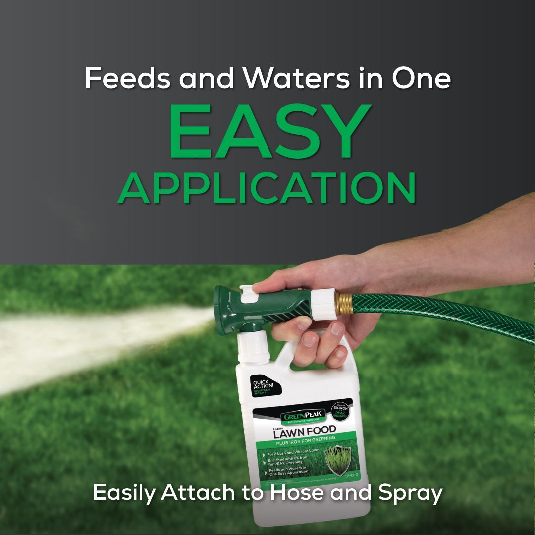 A person is spraying a lawn with greenpeak liquid lawn food and it says one easy application