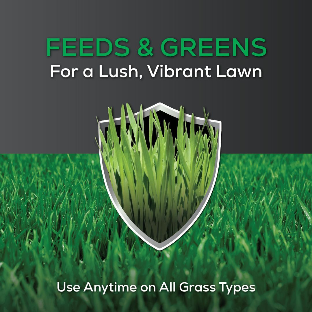 A poster that says feeds & greens for a lush vibrant lawn
