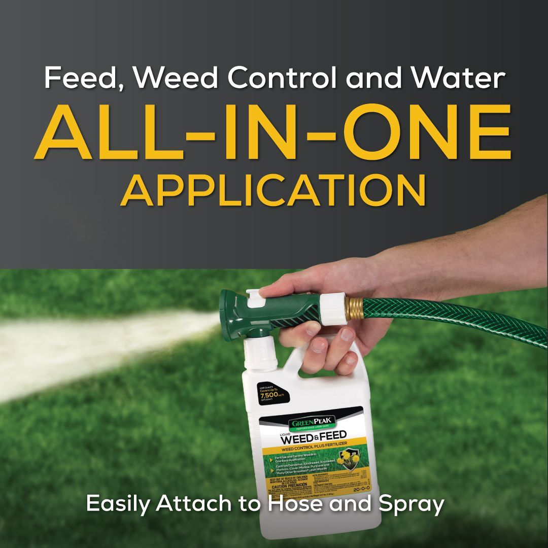 A person is spraying a lawn with an all-in-one application of greenpeak liquid weed and feed