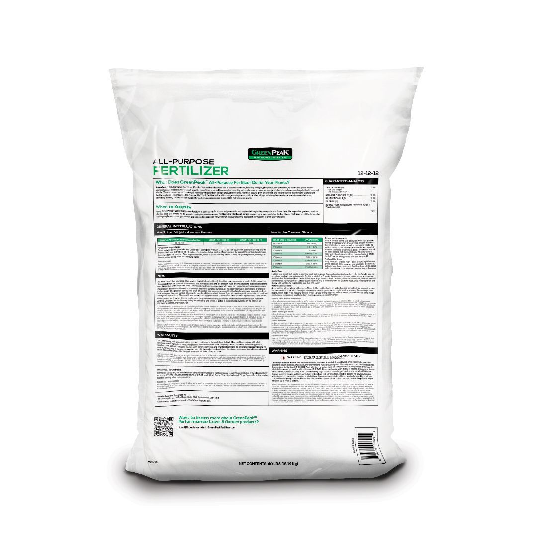 The back of a bag of greenpeak all-purpose fertilizer is shown on a white background.