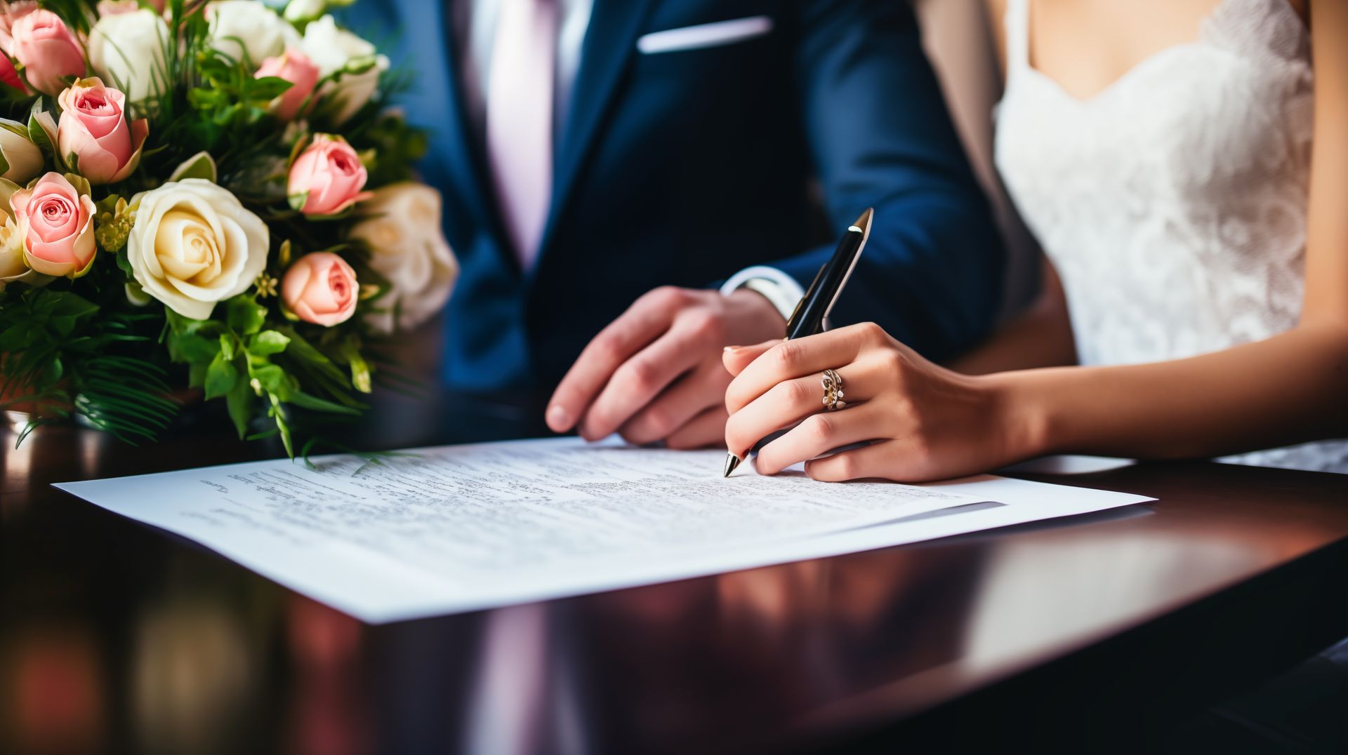 Bride signing a marriage certificate representing prenuptial agreement in Utah.