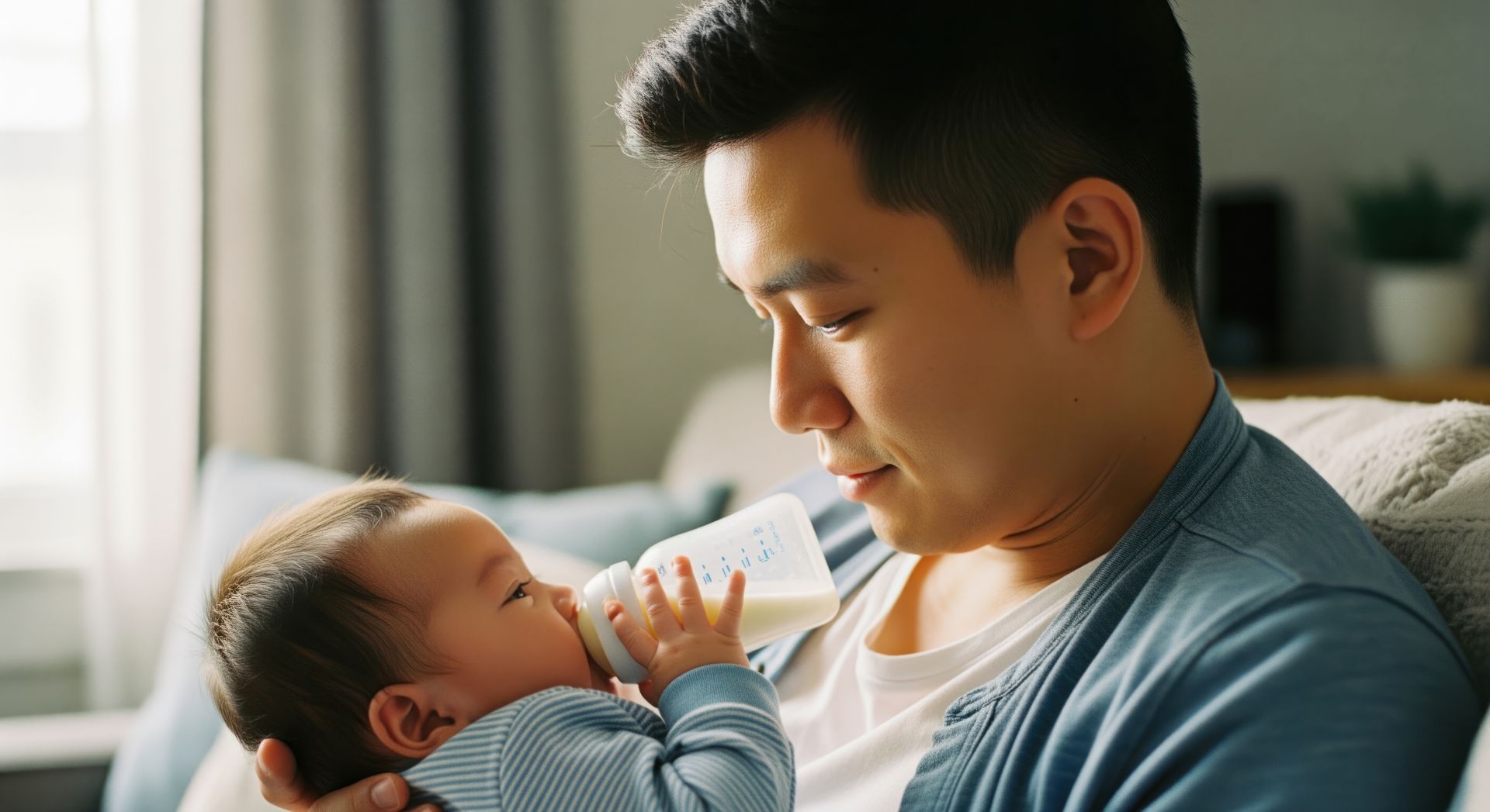 Asian man bottle-feeding infant on a couch; representing establishing paternity in Utah.