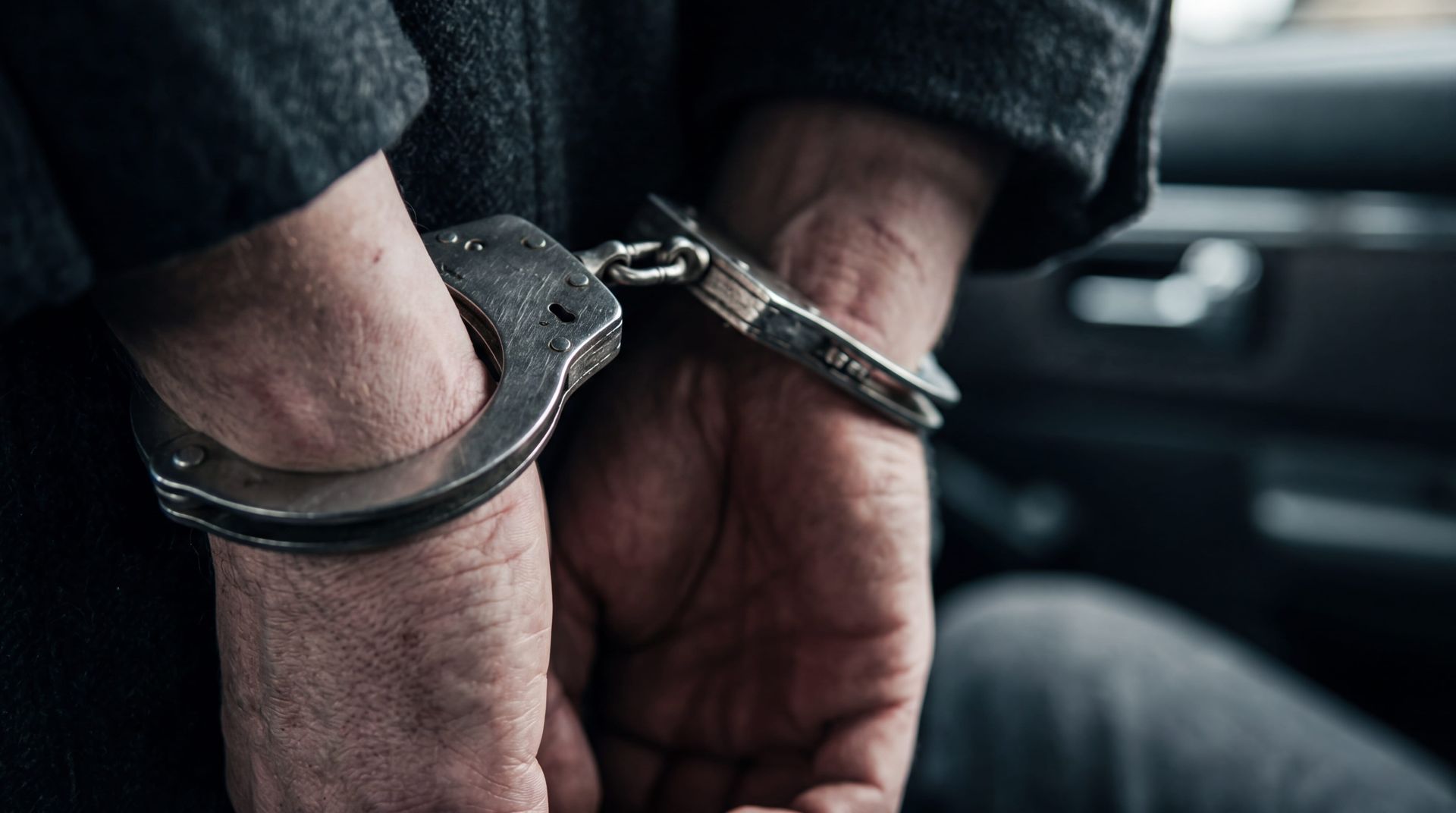Handcuffed person’s wrists in a dark setting, seated with hands behind back