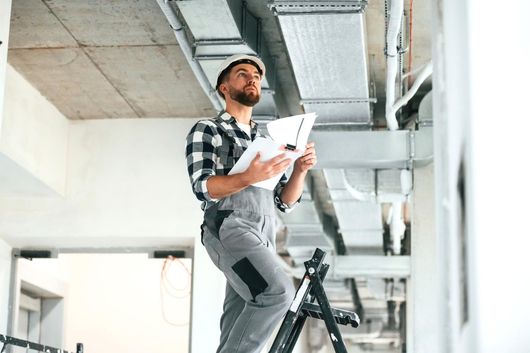 Technician standing on a ladder inspecting the ceiling with a clipboard in a bright indoor space