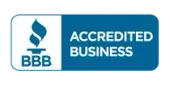 BBB Accredited Business logo in blue and white with the Better Business Bureau torch icon