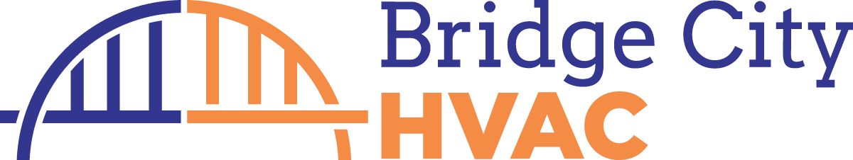 A logo for bridge city hvac with a bridge in the middle