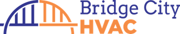 A logo for bridge city hvac with a bridge in the middle