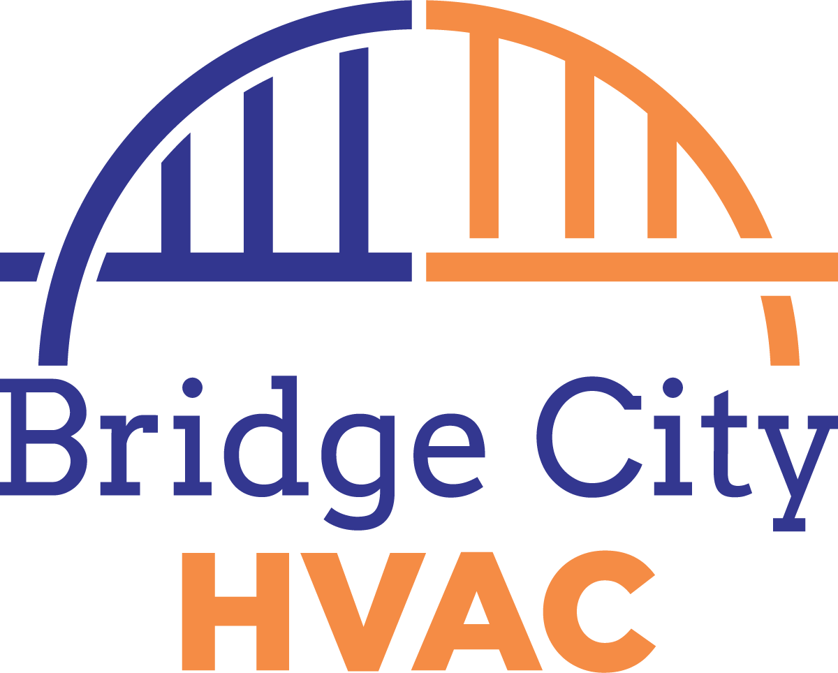 The bridge city hvac logo is blue and orange with a bridge in the middle.