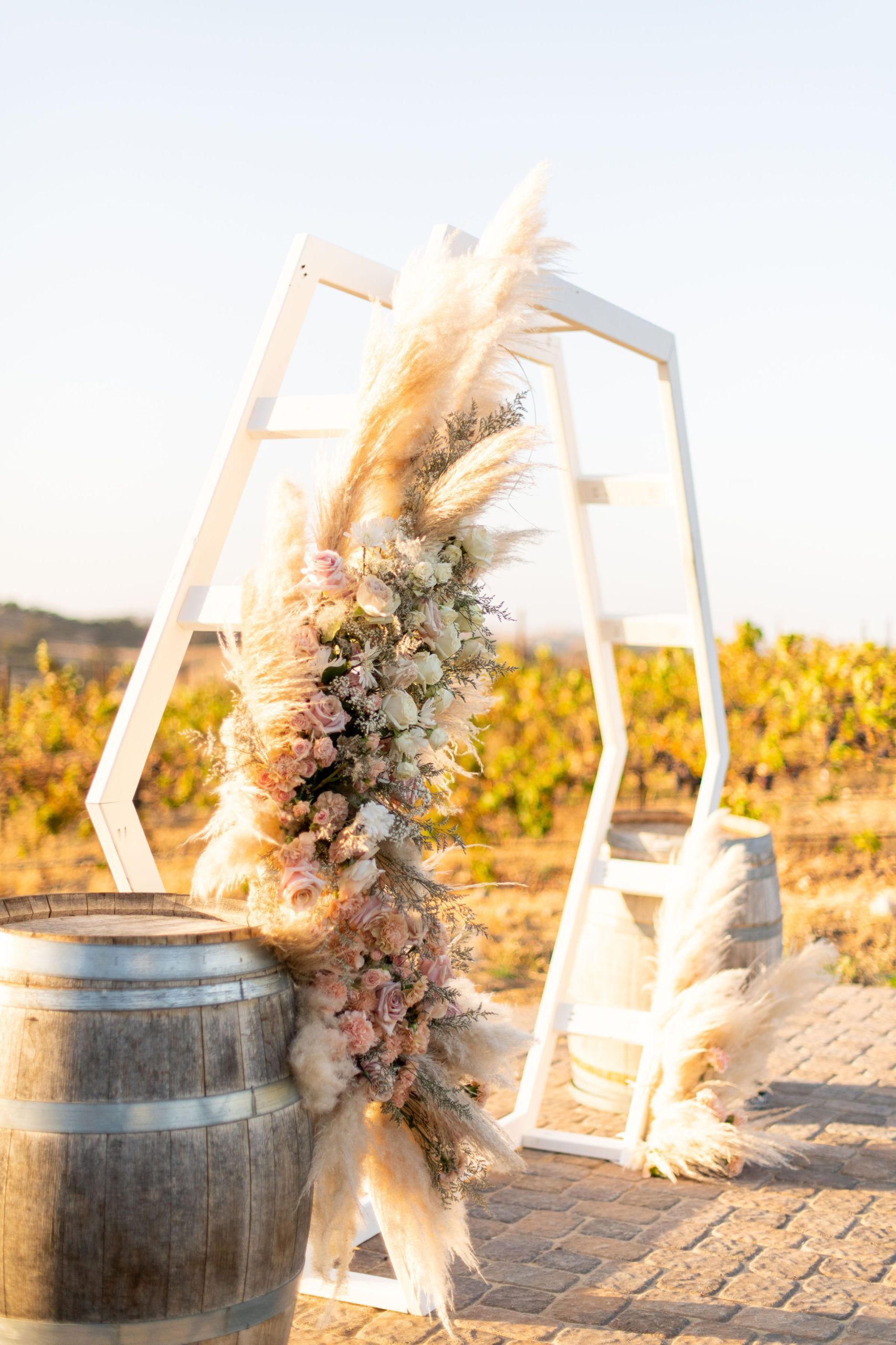Wedding arch with pampas grass and flowers, set in a vineyard, with a wooden barrel.