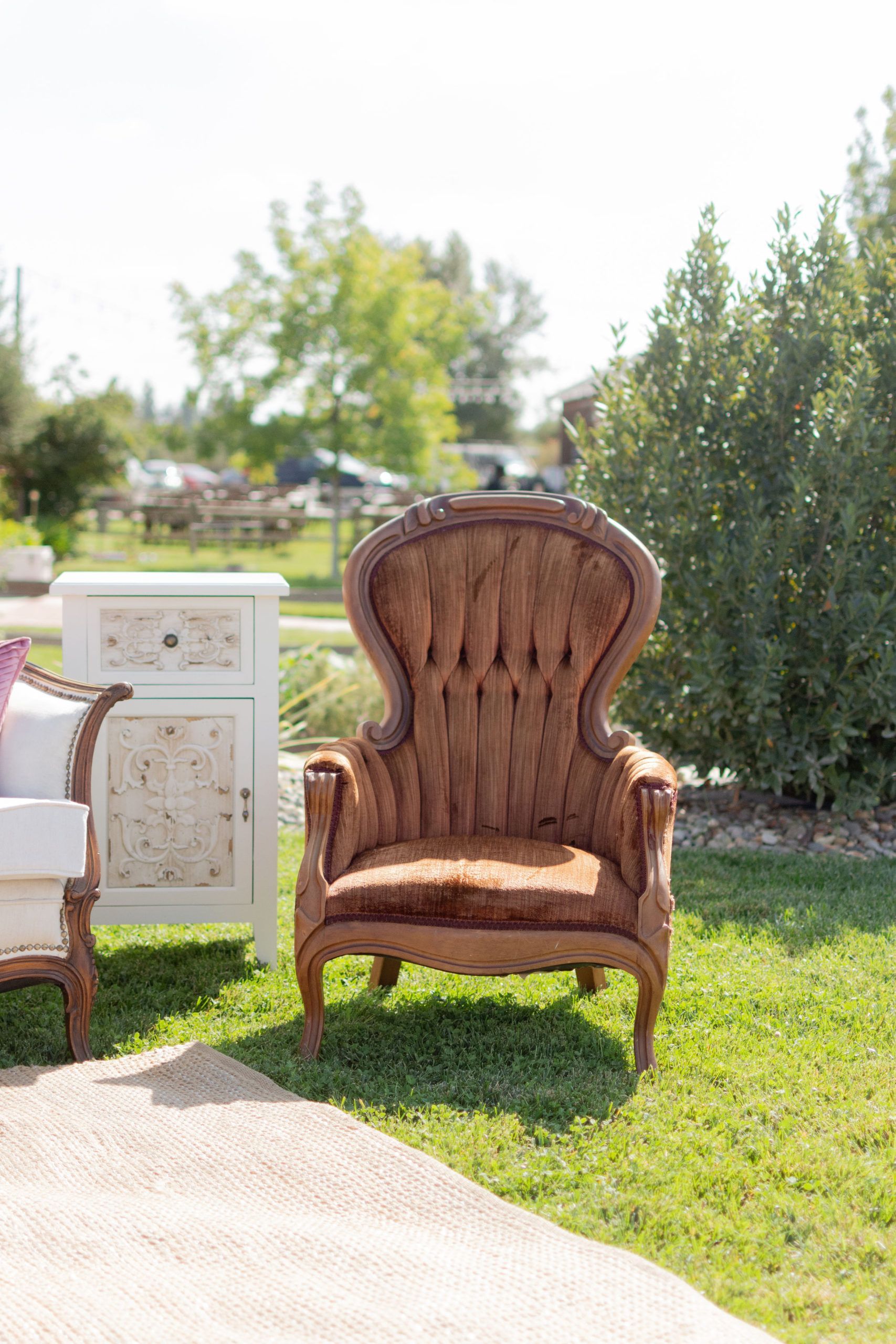 Brown velvet armchair on green grass. Outdoor setting with a white cabinet and trees.