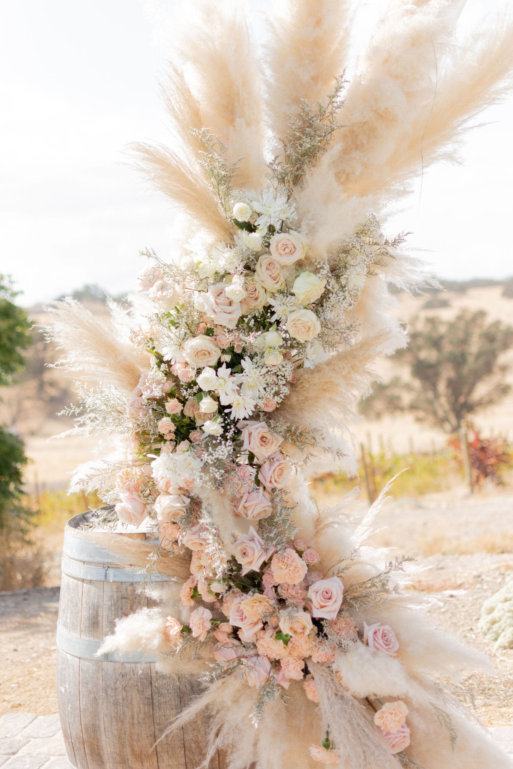 Wedding arch with pampas grass and blush roses on a wine barrel, outdoor setting.