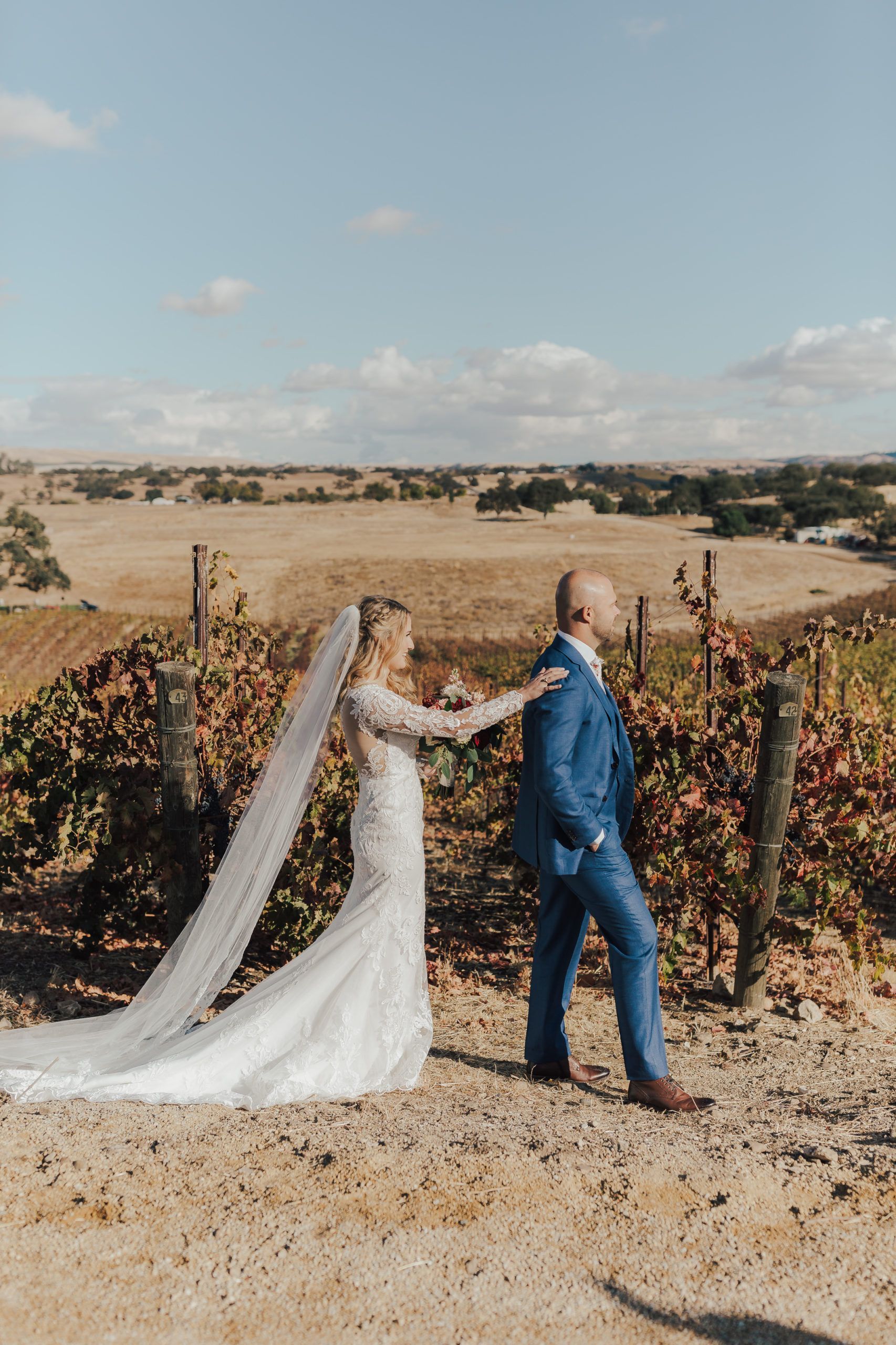 Bride in white dress touches groom's shoulder in vineyard, blue suit, sunny day.