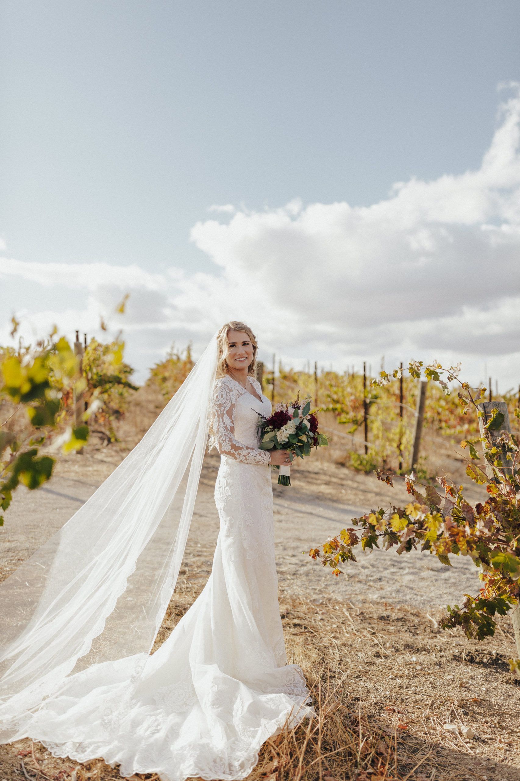 Bride in lace gown holding bouquet, standing in vineyard, wearing veil.