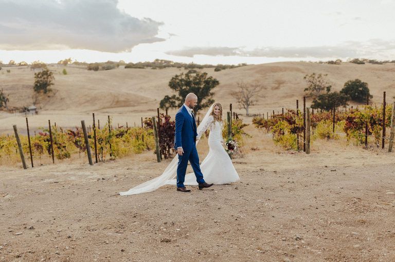 Bride and groom walk hand-in-hand through a vineyard. The groom wears a blue suit; the bride a white gown with a long veil.