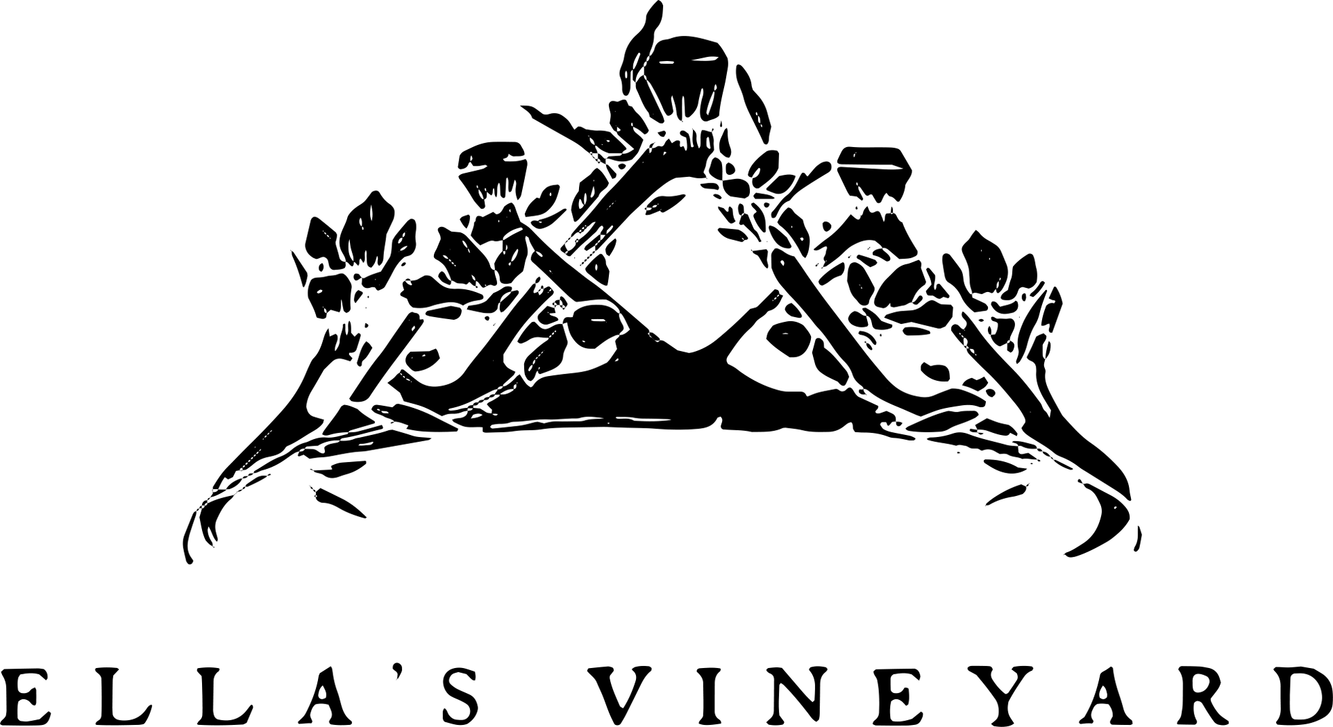 Black and white Ella's Vineyard logo featuring a stylized crown with leaves.