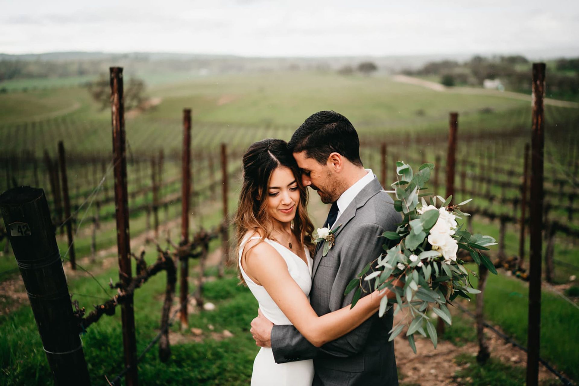 Couple hugging in a vineyard; bride in white dress, groom in gray suit. Green vines, cloudy sky.
