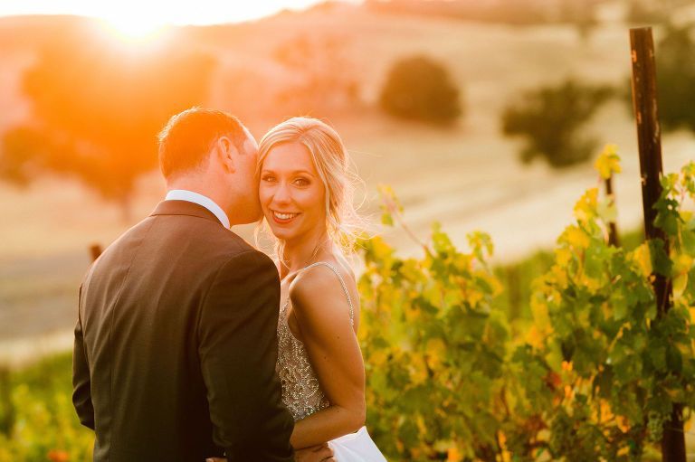 Bride and groom, backlit by sunset, pose in a vineyard, groom kissing bride's cheek.