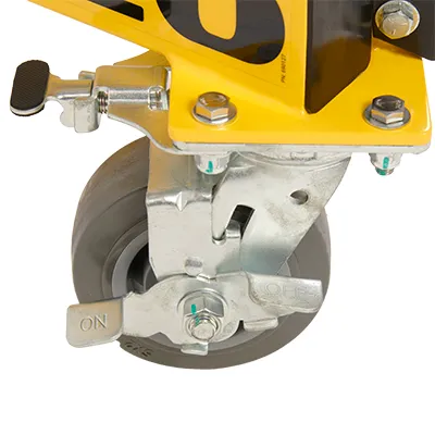 Braked swivel castors with foot operated brake on side and bolted foot-operated straight-line lock.