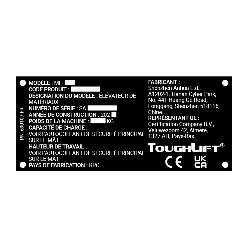 Plaque constructeur de machines en français.