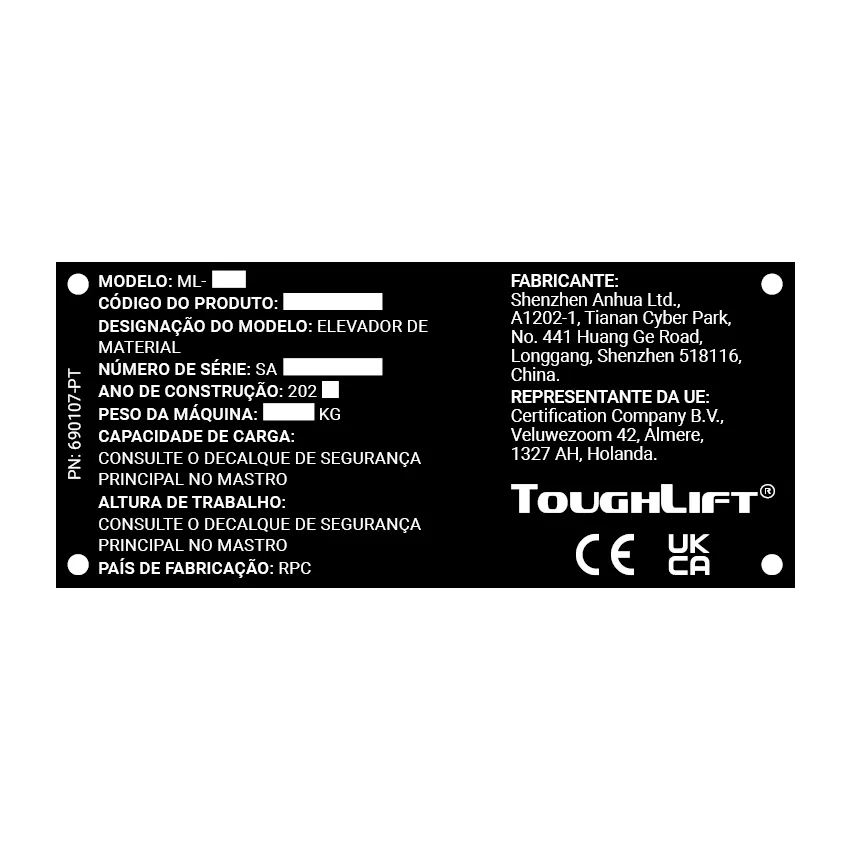 Placa do fabricante com número de série fixada no chassi do elevador de materiais ToughLift ML-20.