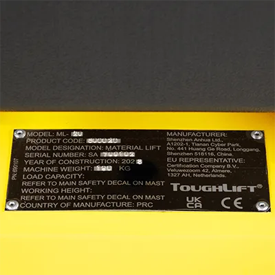 Manufacturers plate with serial number fixed to the chassis of the ToughLift ML-20 material lift.