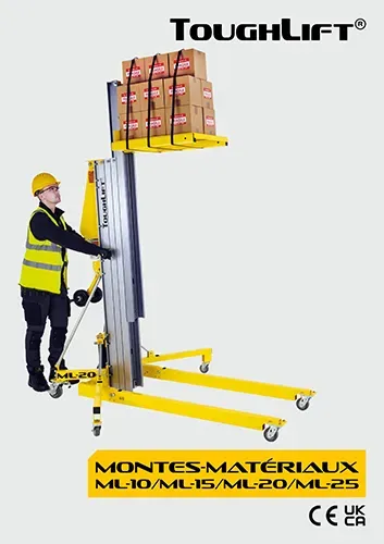 CLIQUEZ ICI pour télécharger la brochure ToughLift® Material Lifts Couverture de la brochure ToughLift Material Lifts.